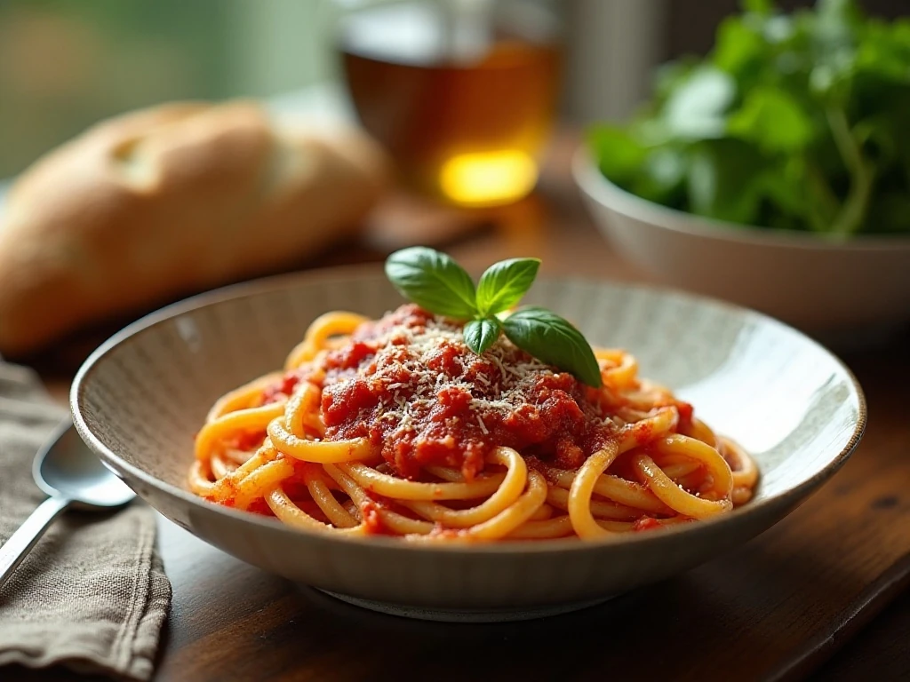 Pasta with tomato basil sauce served as a family-style dinner
