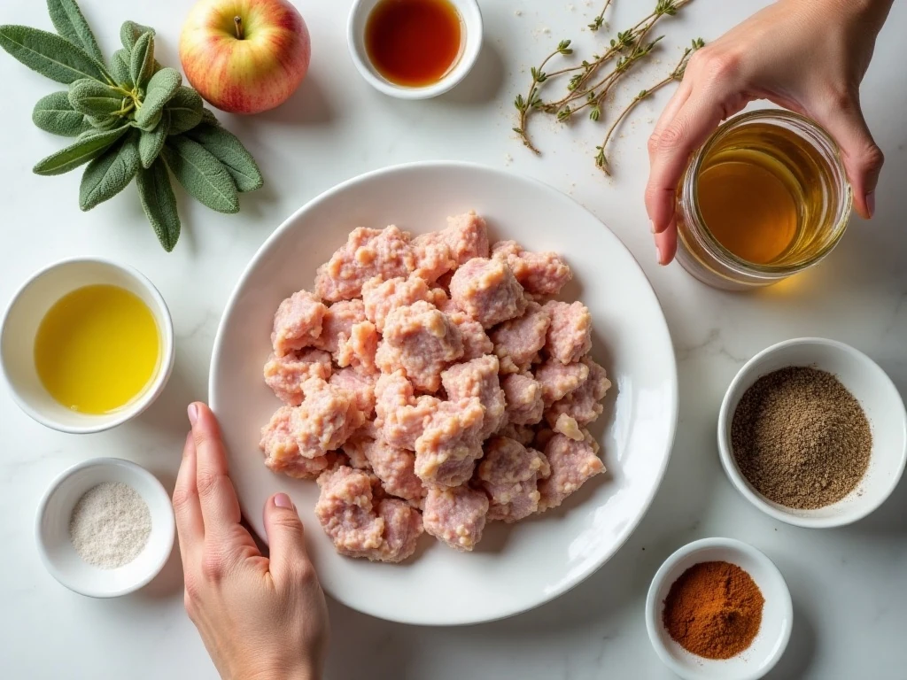 Ingredients for homemade turkey apple cinnamon sausage arranged on a counter