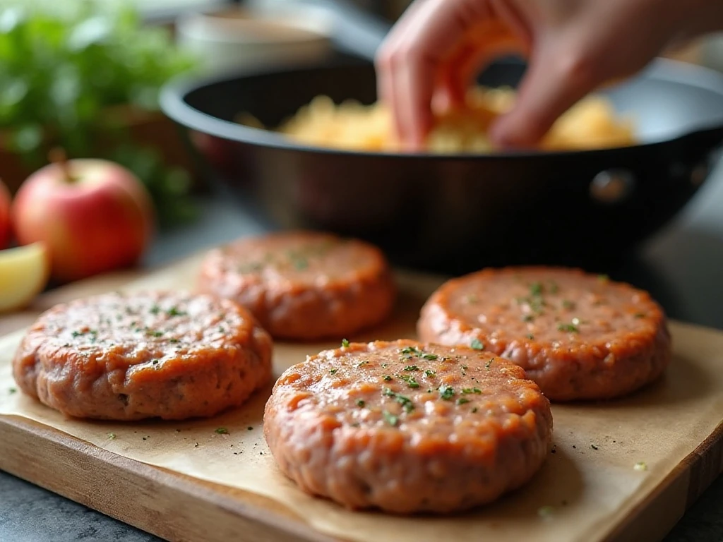 Preparing turkey apple sausage patties before skillet cooking