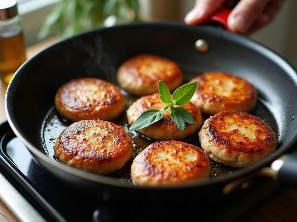 Turkey apple sausage patties cooking in a skillet over moderate heat