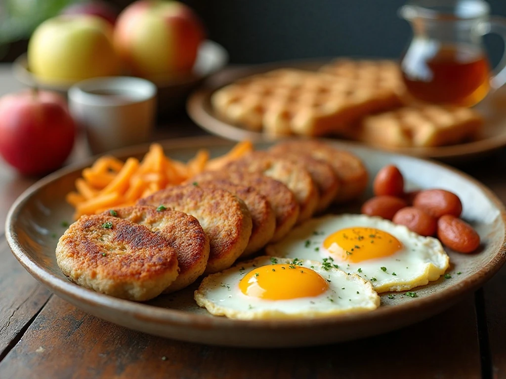 Turkey apple cinnamon sausage served with eggs waffles and roasted sweet potatoes