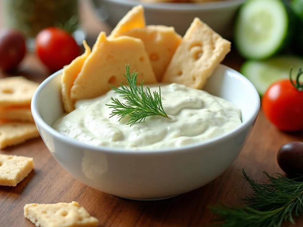 Homemade tzatziki sauce served with pita and fresh vegetables