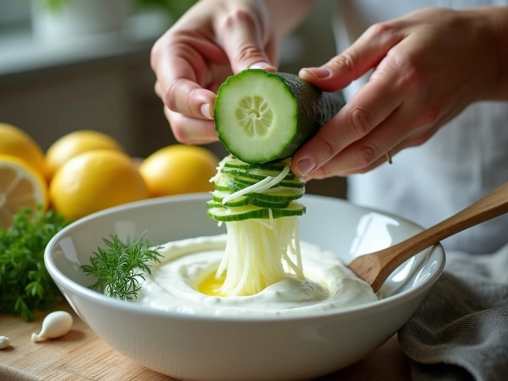 Draining grated cucumber for thick tzatziki sauce