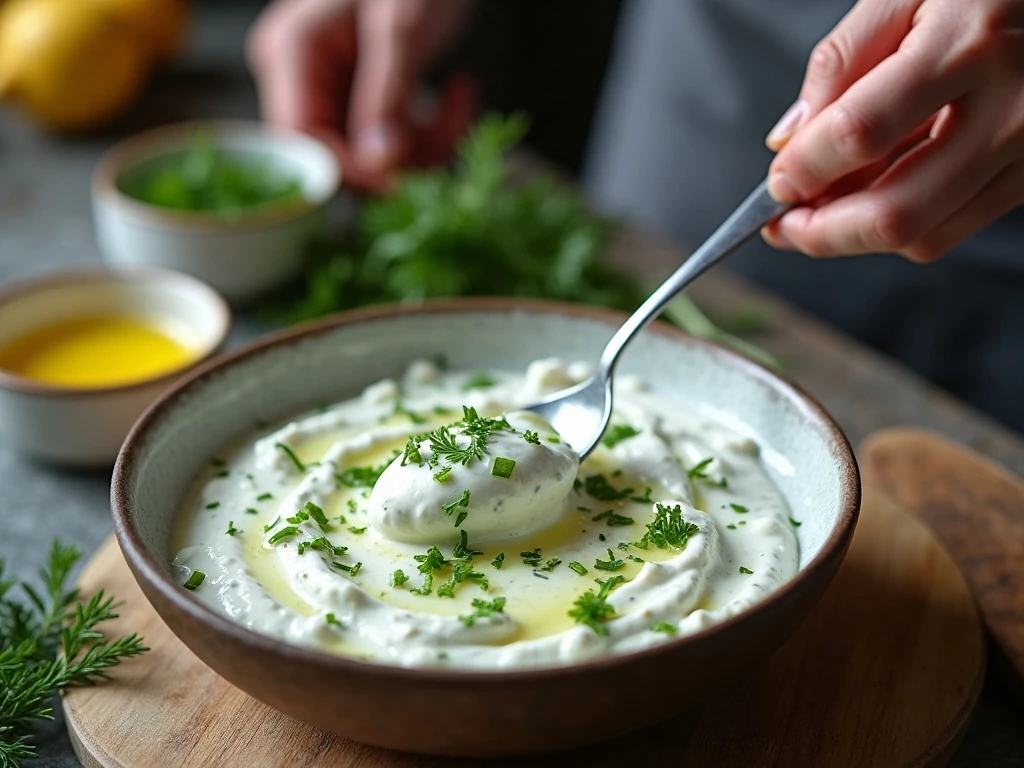 Stirring creamy tzatziki with cucumber and fresh dill