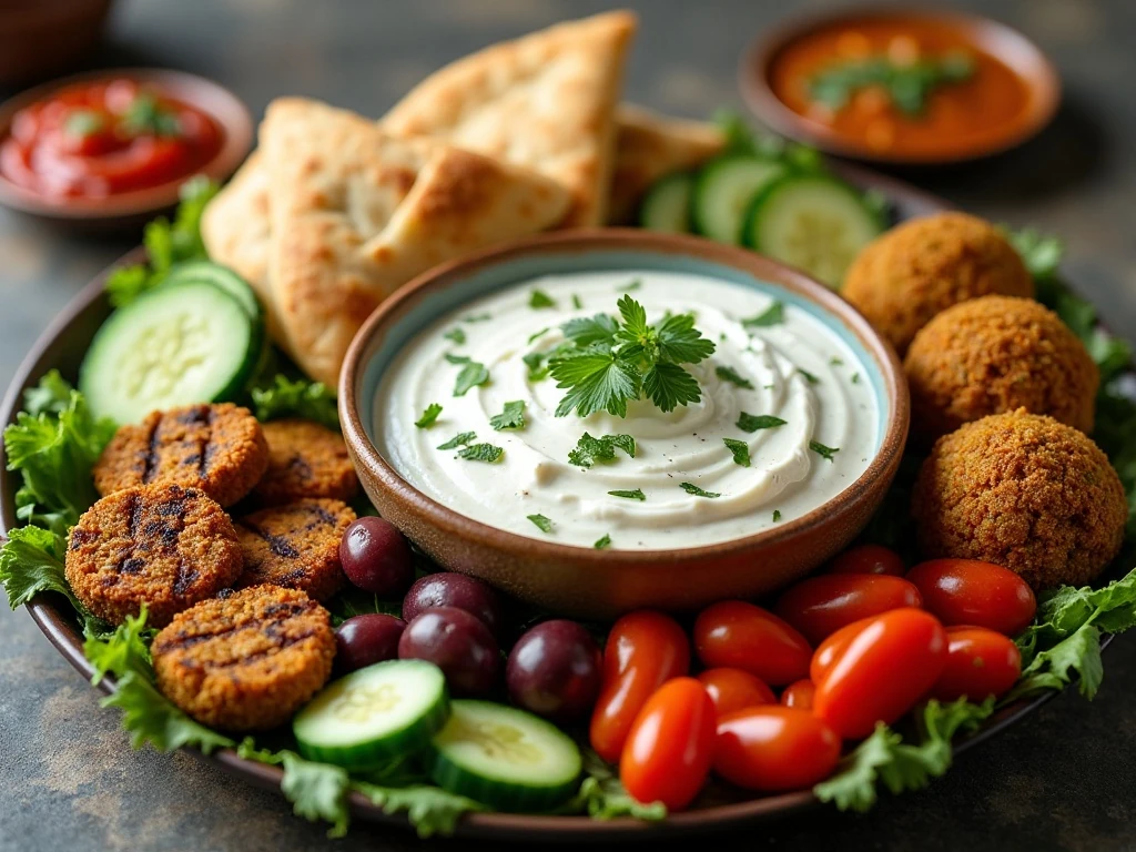 Tzatziki sauce served on a Mediterranean appetizer platter