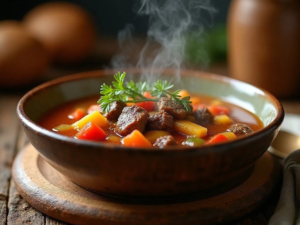 Hearty homemade vegetable beef soup served for dinner