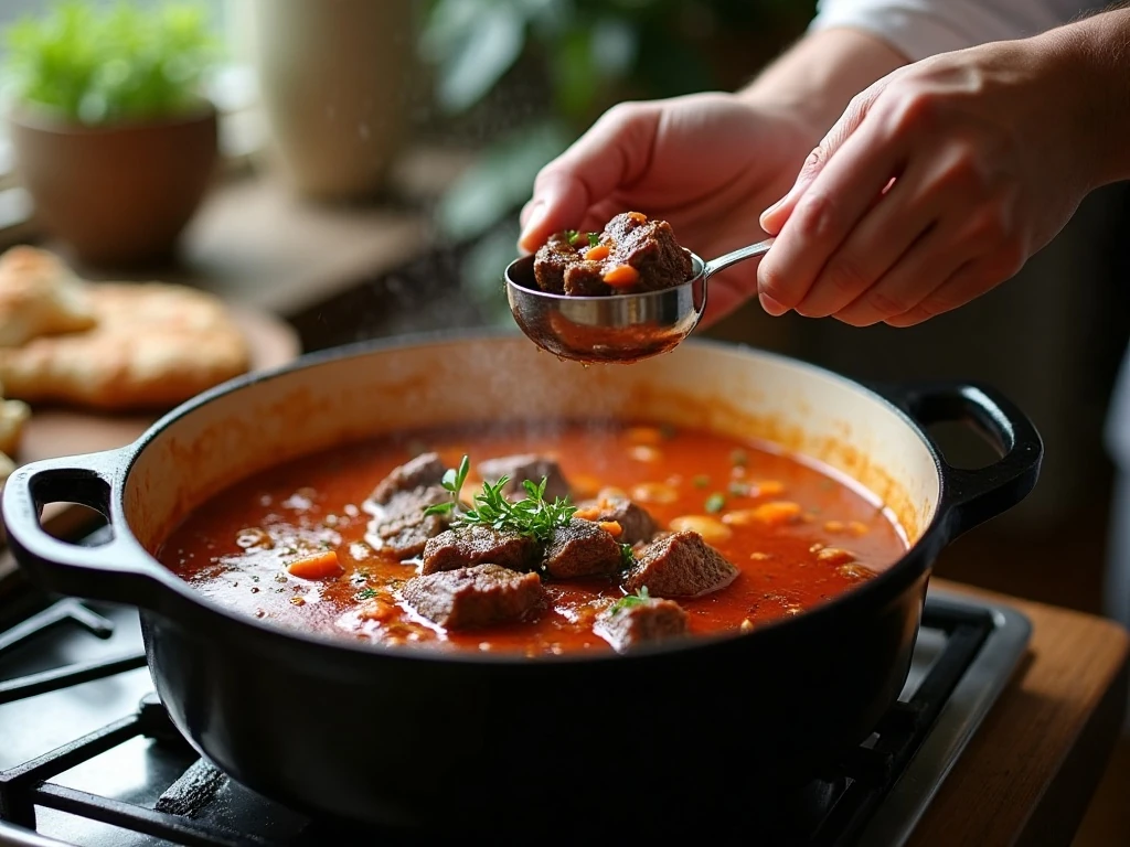 Browning beef and building the soup base in a Dutch oven