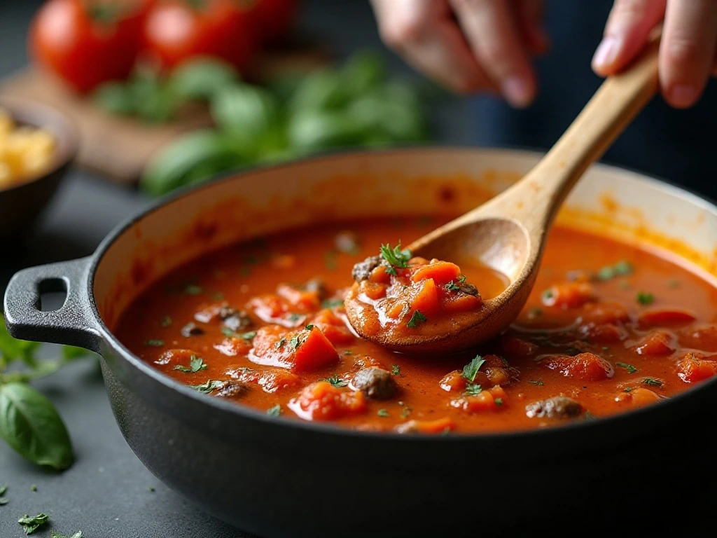 Scraping browned bits into the savory soup broth