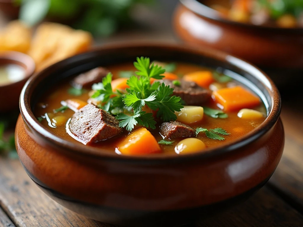 Reheated vegetable beef soup finished with fresh parsley