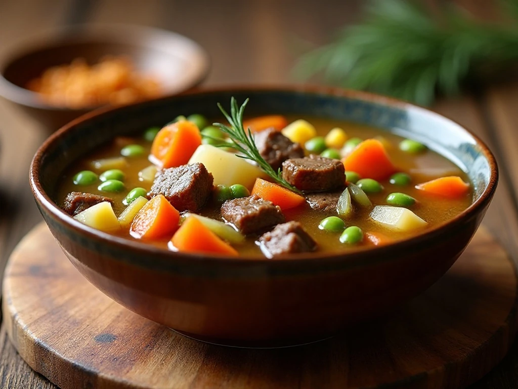 Homemade vegetable beef soup served in a rustic bowl