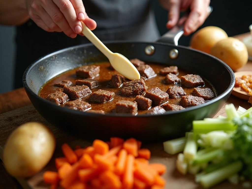 Beef browning in a Dutch oven for vegetable beef soup