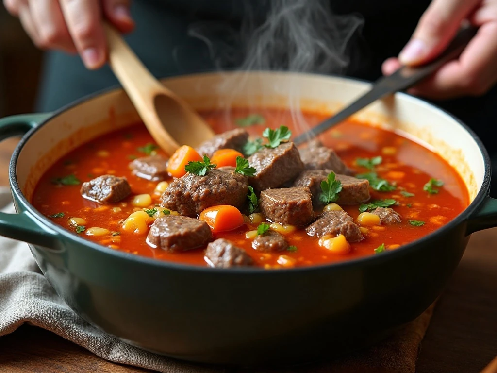 Vegetable beef soup simmering gently in a pot