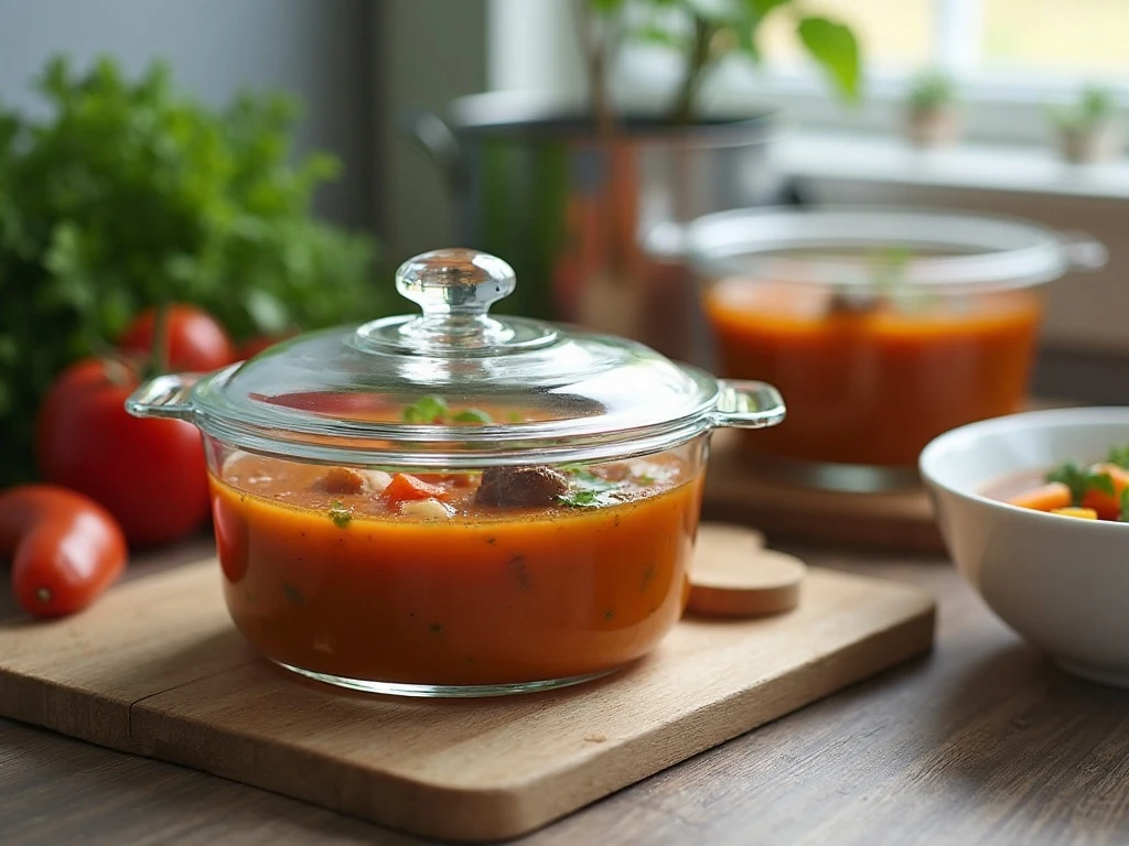 Stored homemade vegetable beef soup ready for reheating