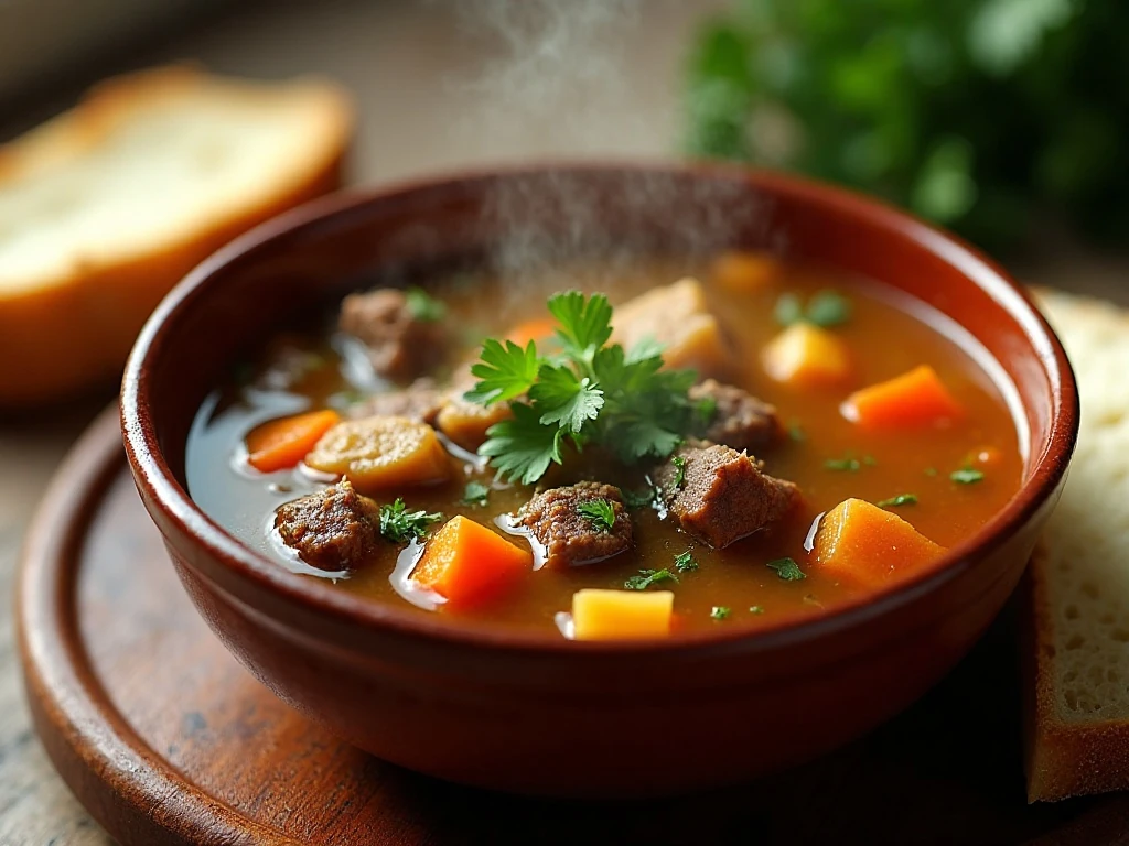 Vegetable beef soup garnished with parsley and served with crusty bread