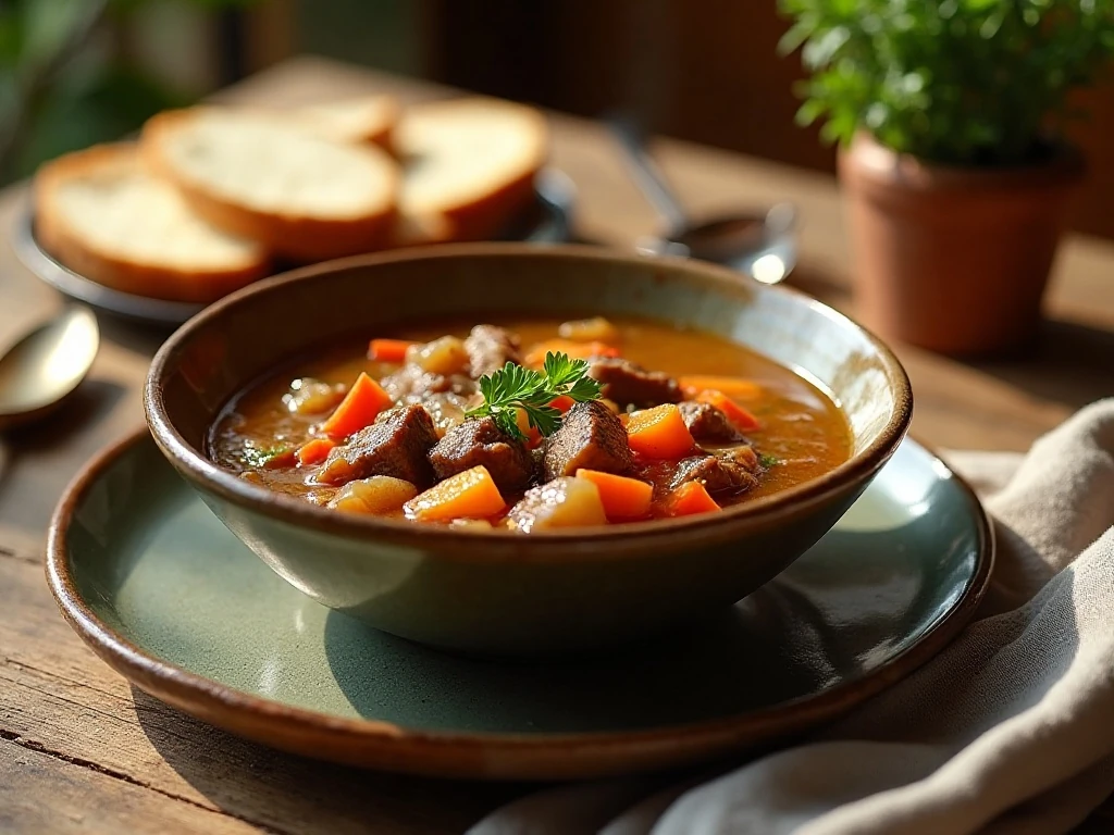 A cozy bowl of homemade vegetable beef soup served with crusty bread