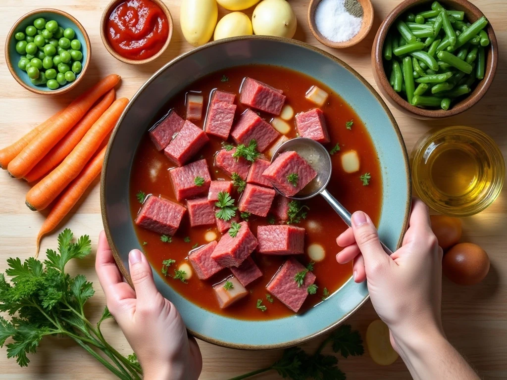 Ingredients arranged for homemade vegetable beef soup