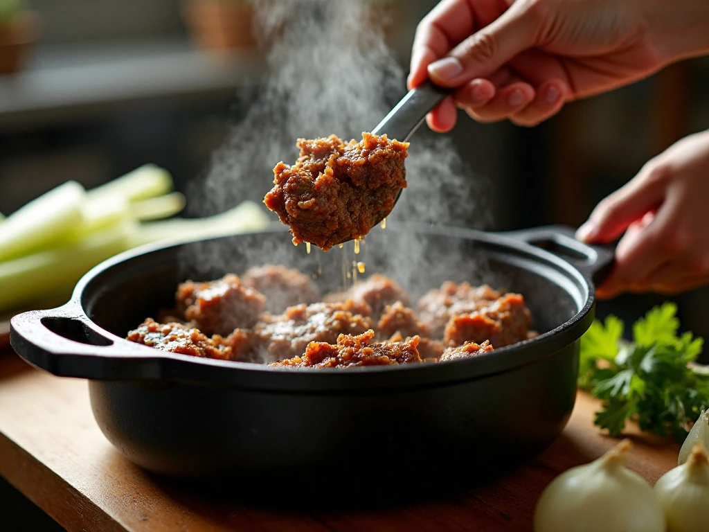 Beef browning in a Dutch oven for vegetable beef soup