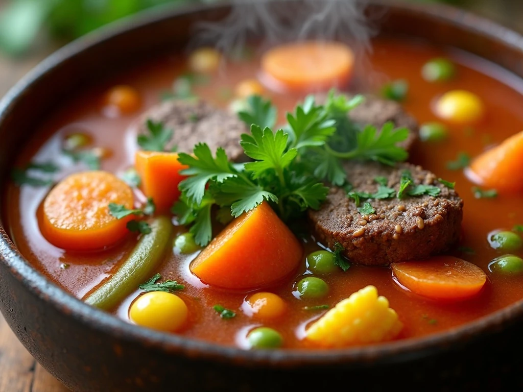 Fresh parsley garnishing a hot bowl of vegetable beef soup