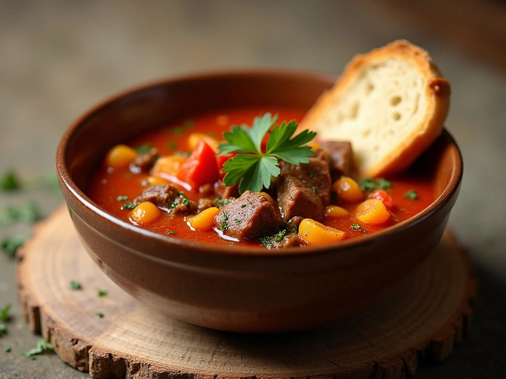 Finished homemade vegetable beef soup with parsley and bread