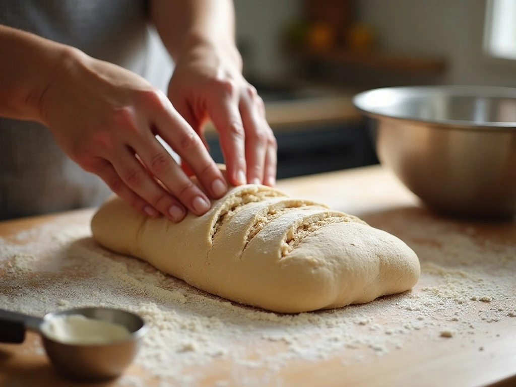 Kneading homemade wheat bread dough