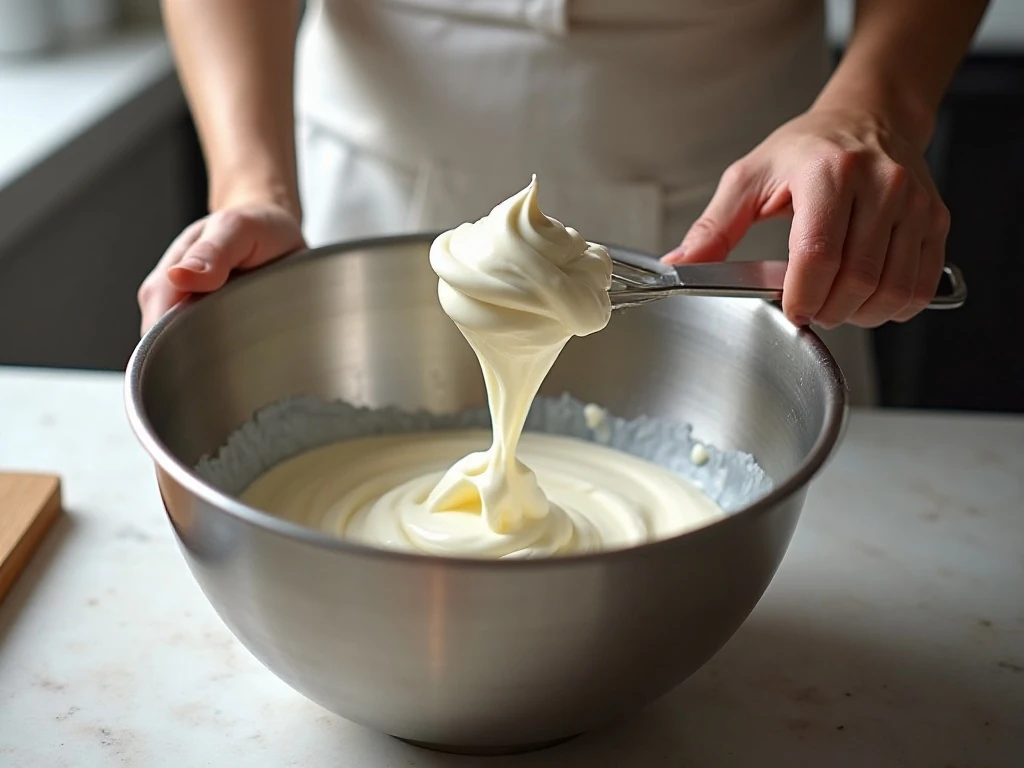 Cream being whipped in a chilled mixing bowl