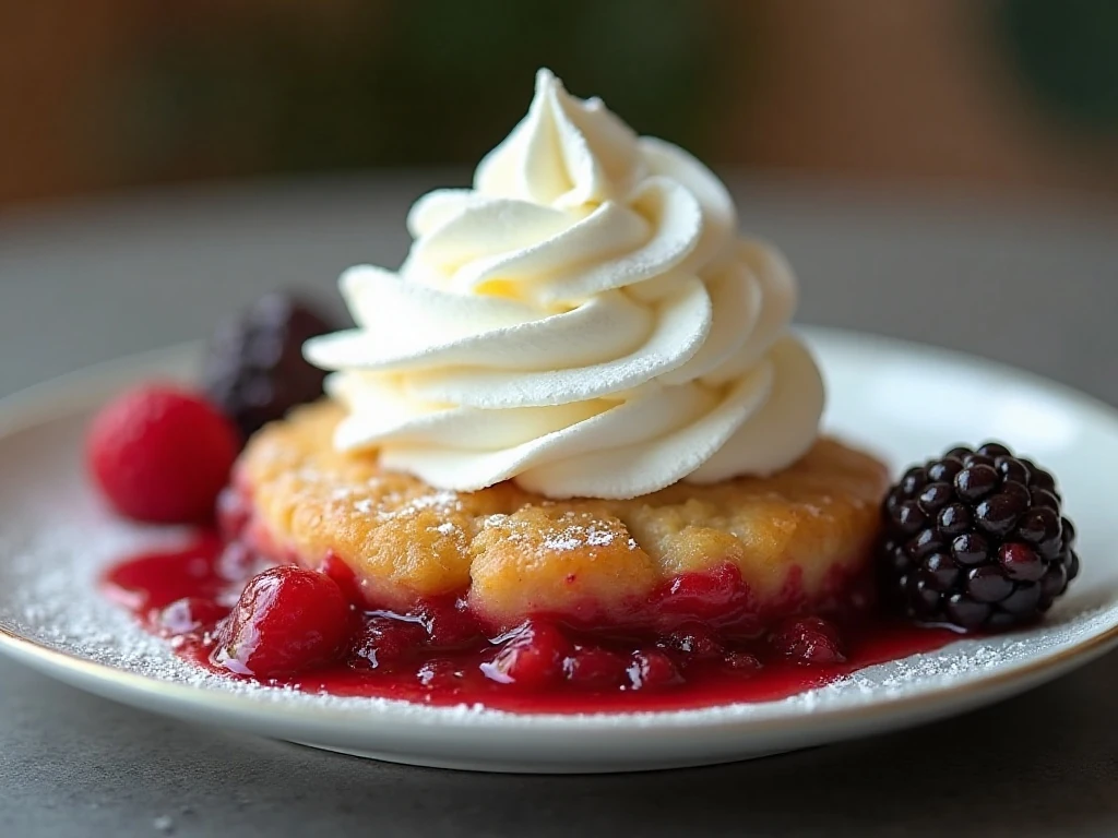 Homemade whipped cream topping a fruit cobbler
