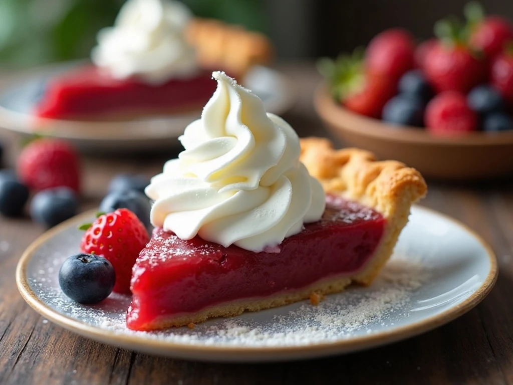 Homemade whipped cream served over pie with fresh berries
