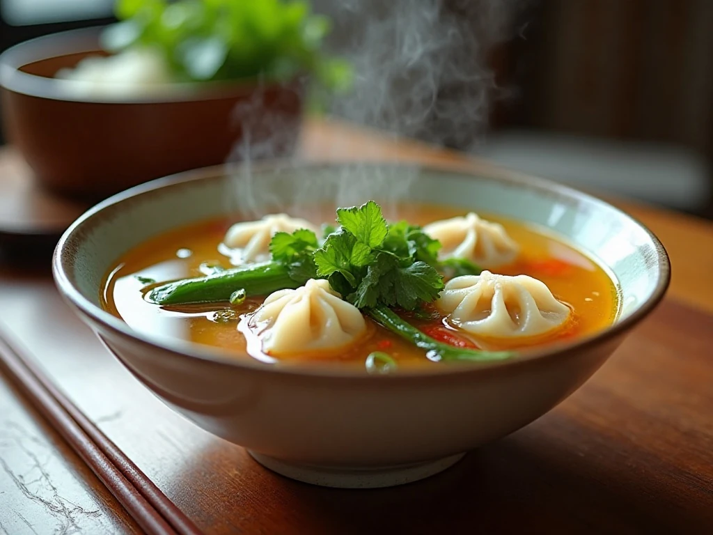 Bowl of homemade wonton soup with pork wontons and greens
