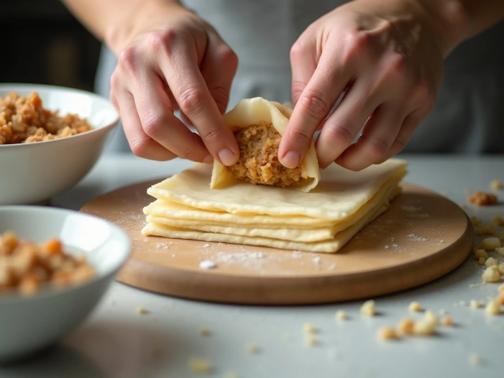 Folding homemade pork wontons for soup