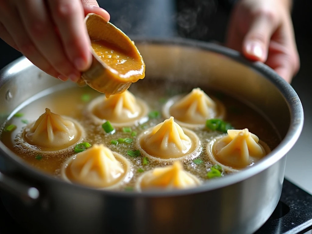 Wontons cooking in gently simmering broth