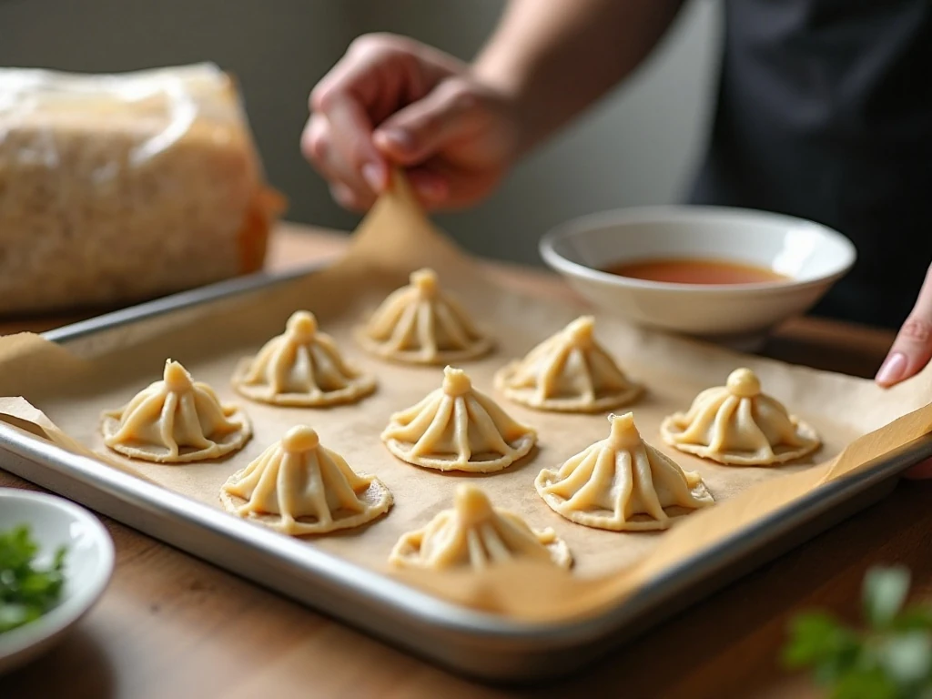 Uncooked wontons arranged for freezing