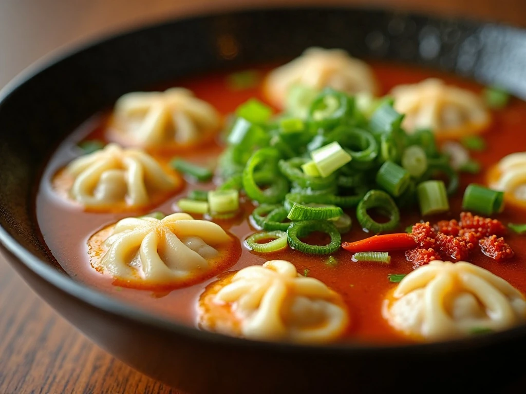 Wonton soup garnished with scallions and chili crisp