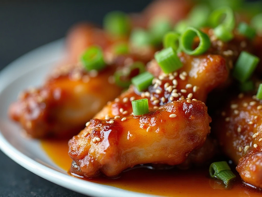 Honey-garlic wings garnished with sesame seeds and green onions