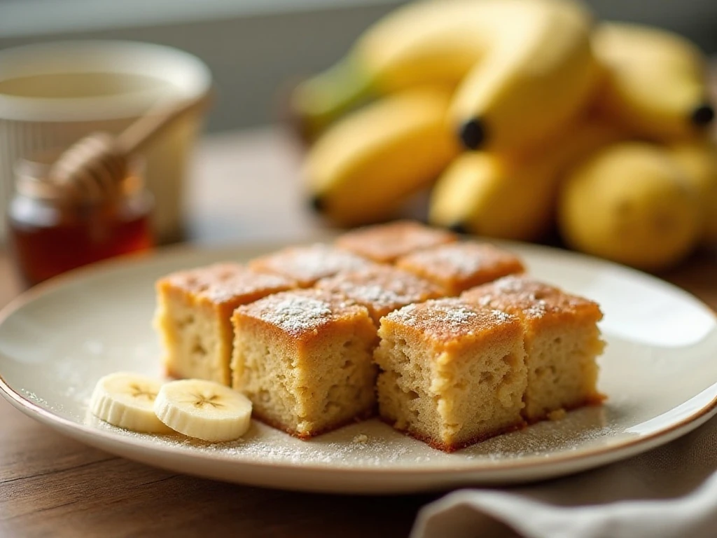 Golden honey banana snack cake squares served on a plate