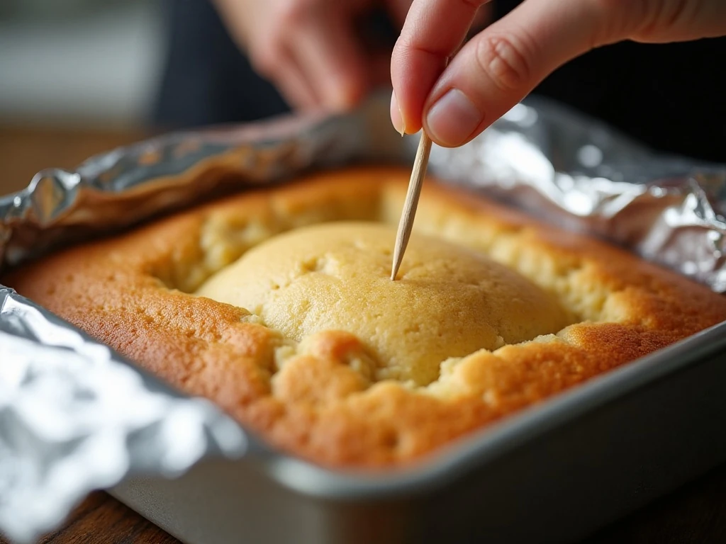 Checking honey banana cake for moist crumbs