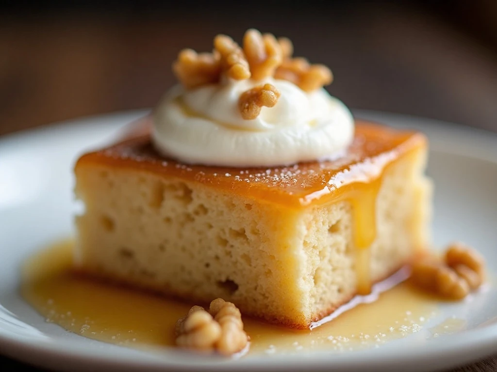 Honey banana cake square with whipped cream and walnuts