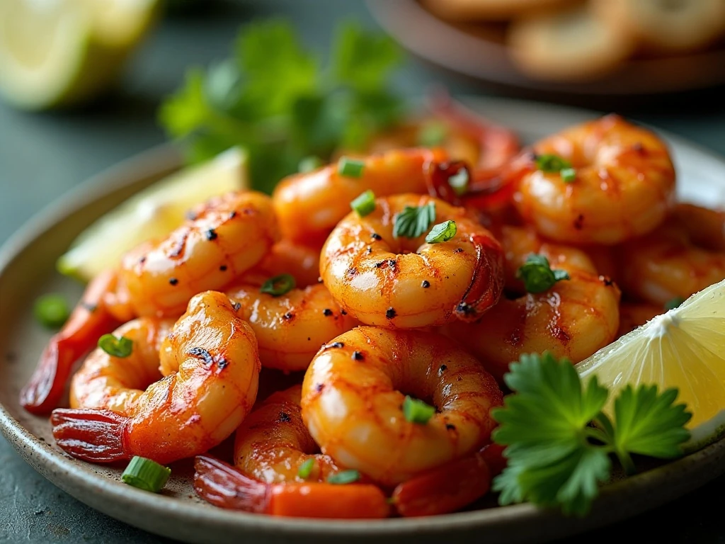 Honey Cajun grilled shrimp with lime wedges and herbs