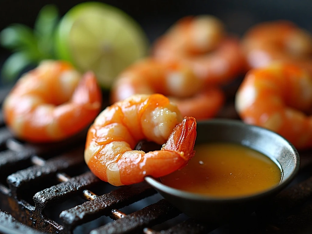 Grilled shrimp receiving a final honey glaze