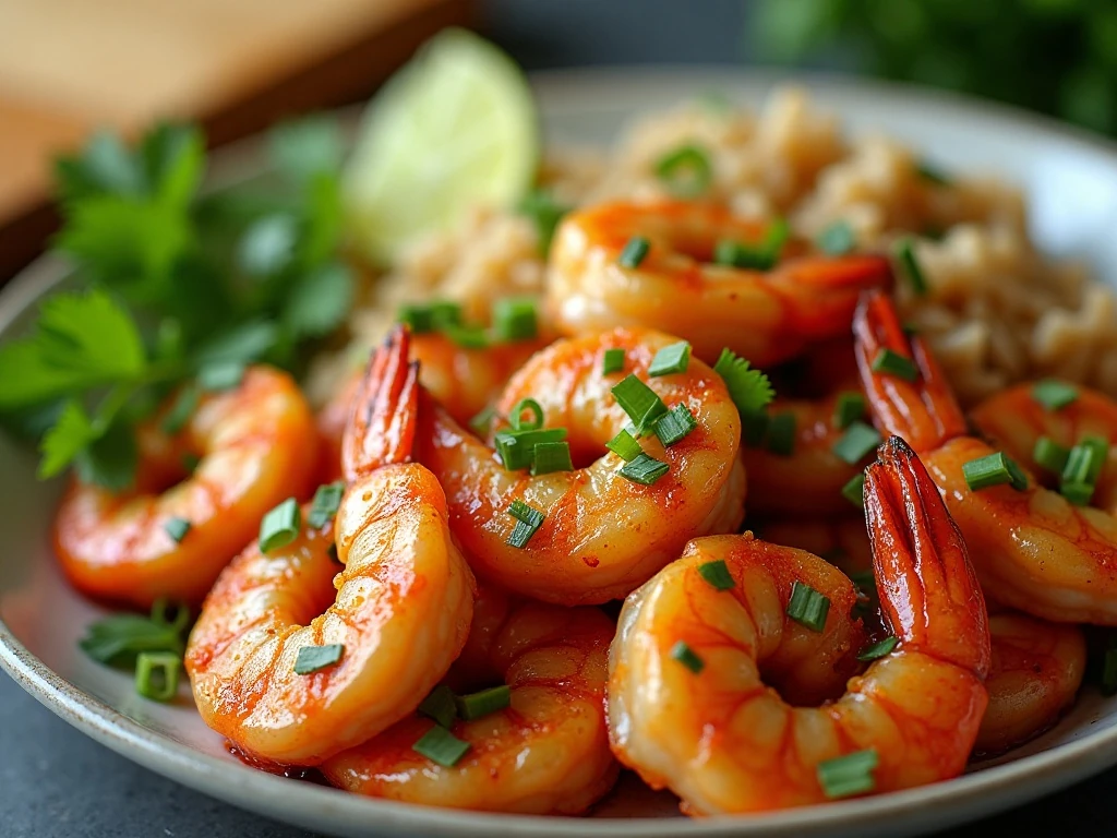 Honey Cajun grilled shrimp served with rice and vegetables