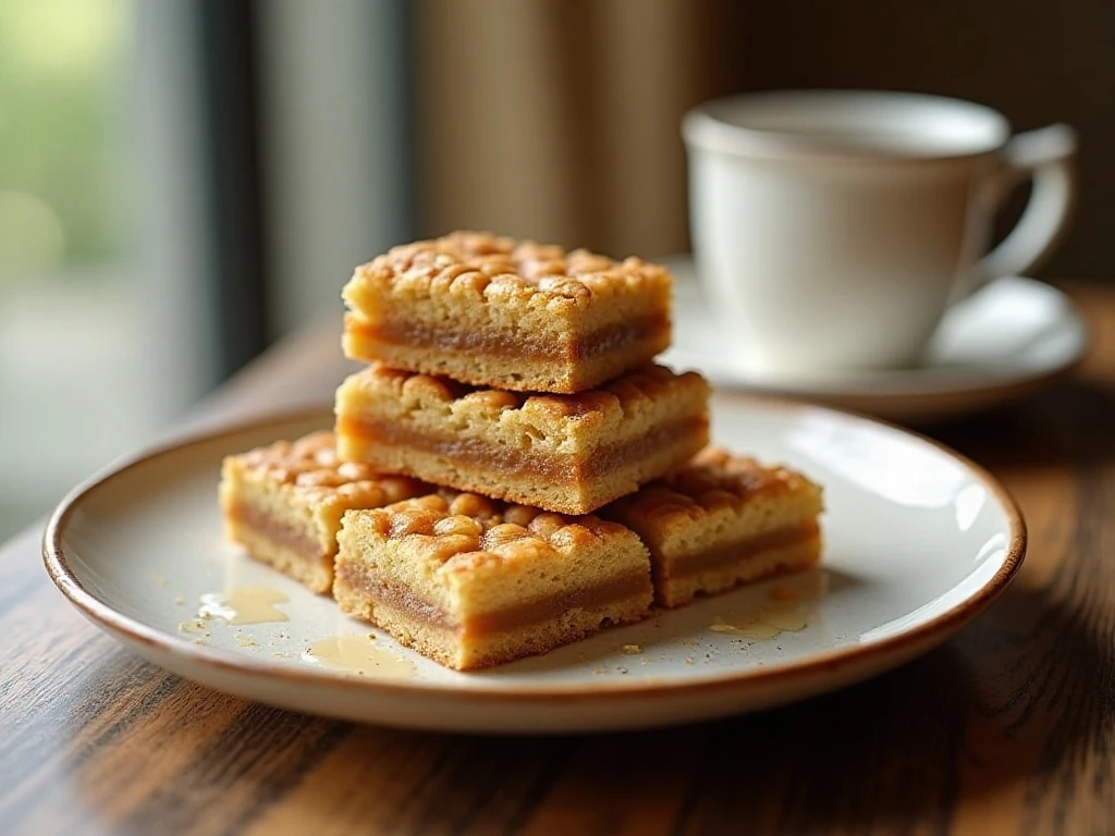Stack of golden honey cashew cookie bars on a serving plate