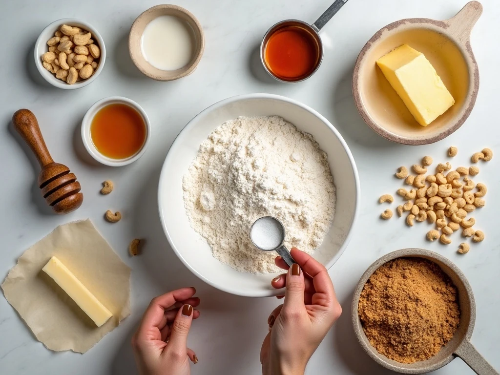 Ingredients for honey cashew cookie bars arranged for baking