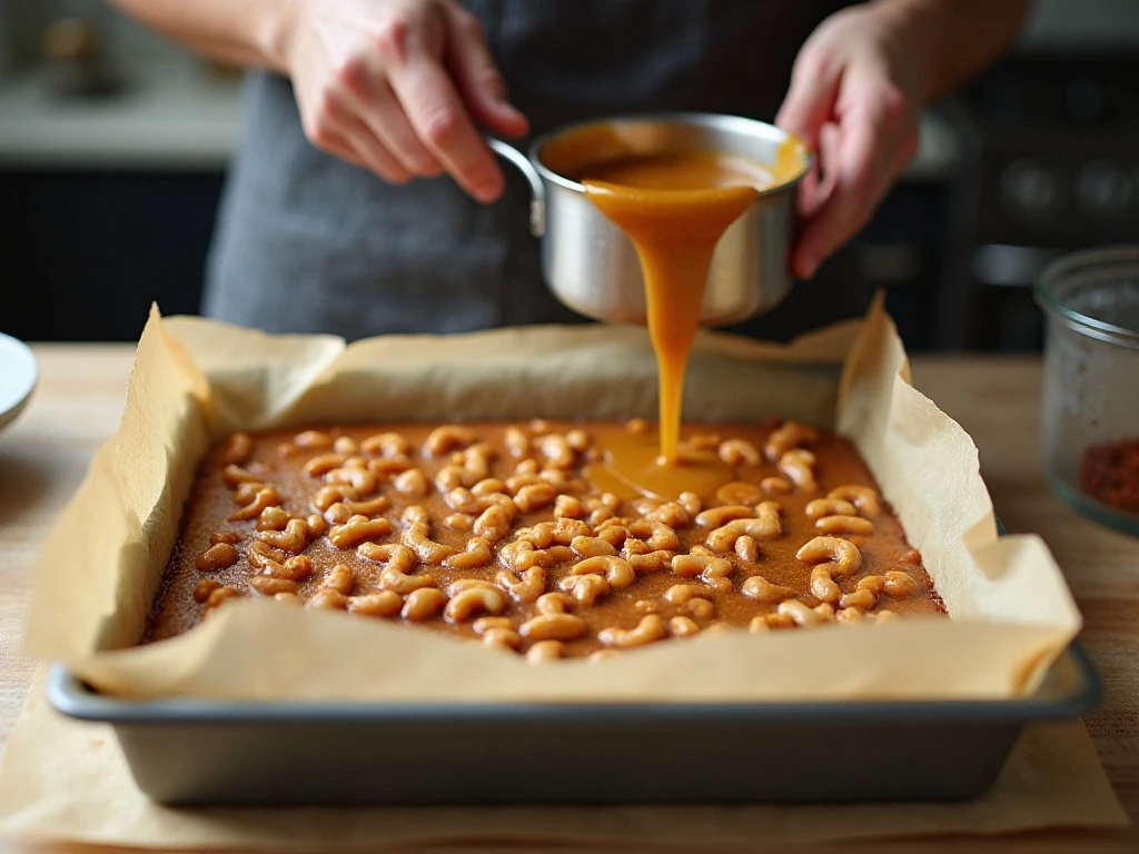 Partially baked shortbread crust and honey cashew topping during preparation