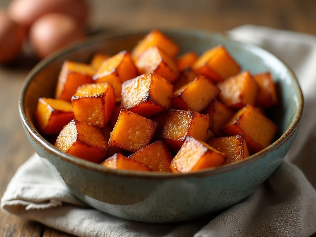 Honey cinnamon roasted sweet potatoes in a serving bowl