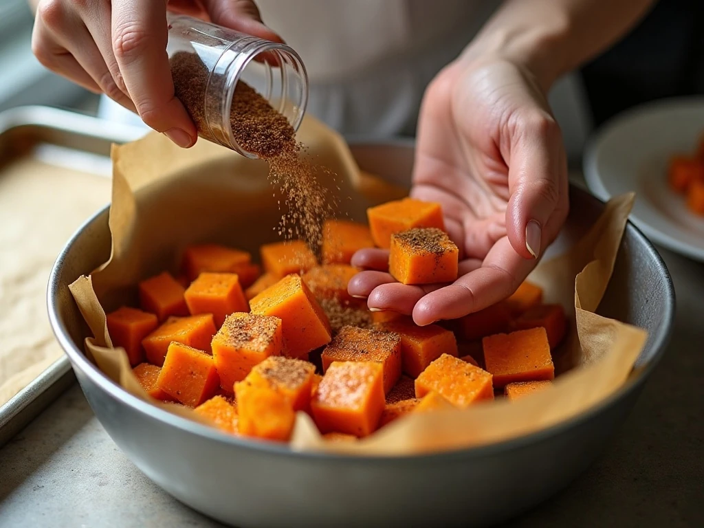 Tossing sweet potato cubes with cinnamon seasoning