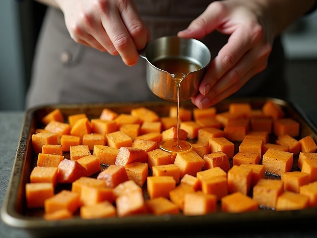 Drizzling honey over partially roasted sweet potatoes