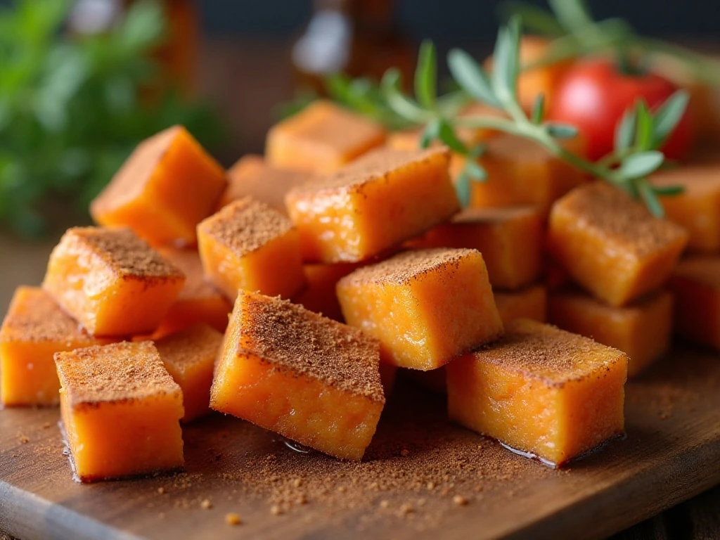 Close-up of glazed sweet potato cubes ready to serve