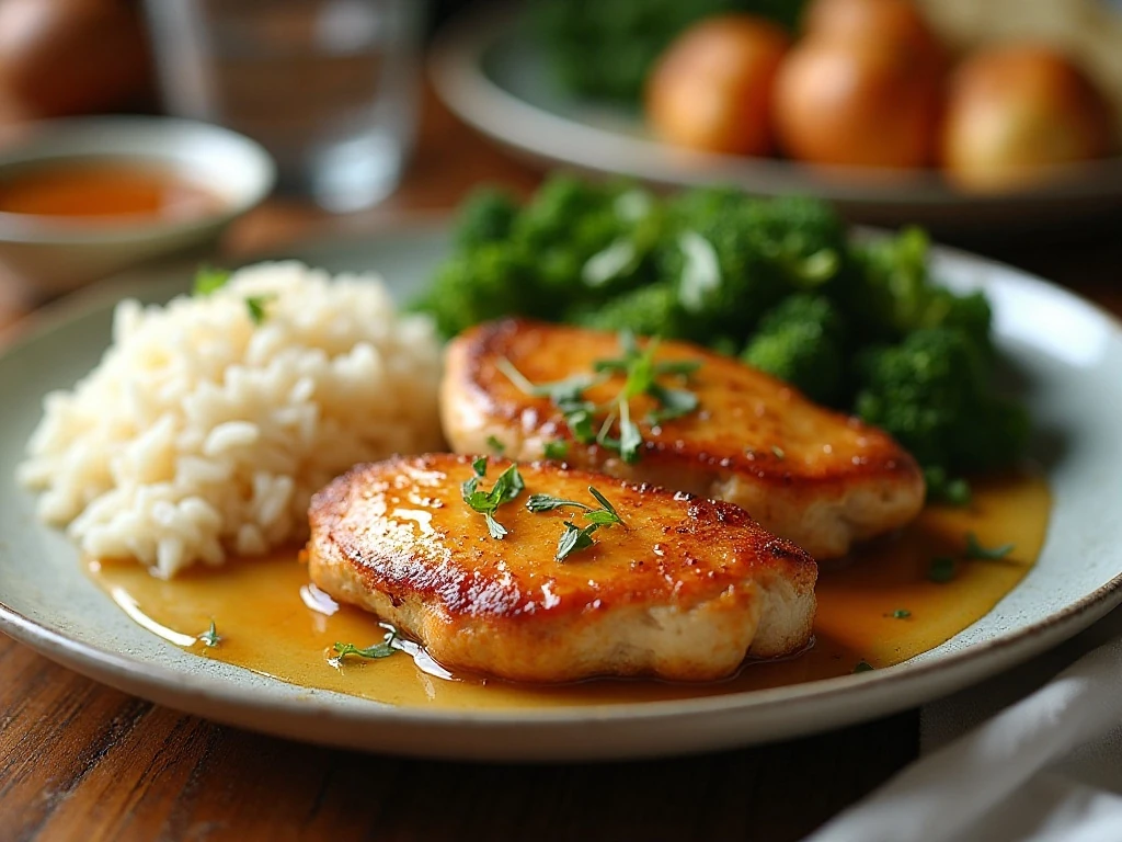 Honey Dijon garlic chicken dinner served with rice and green vegetables