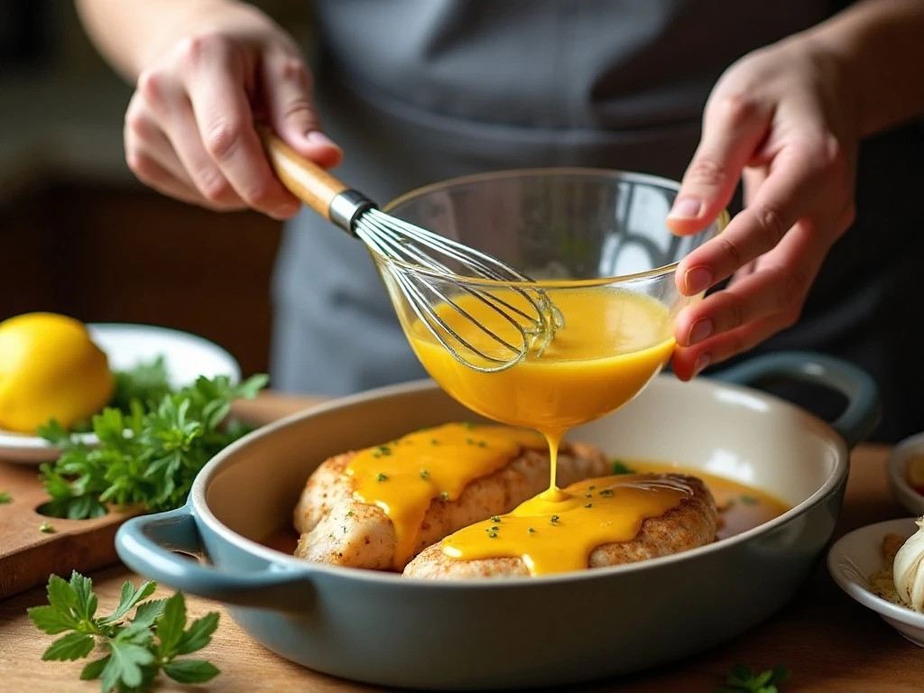 Preparing honey Dijon garlic sauce for baked chicken