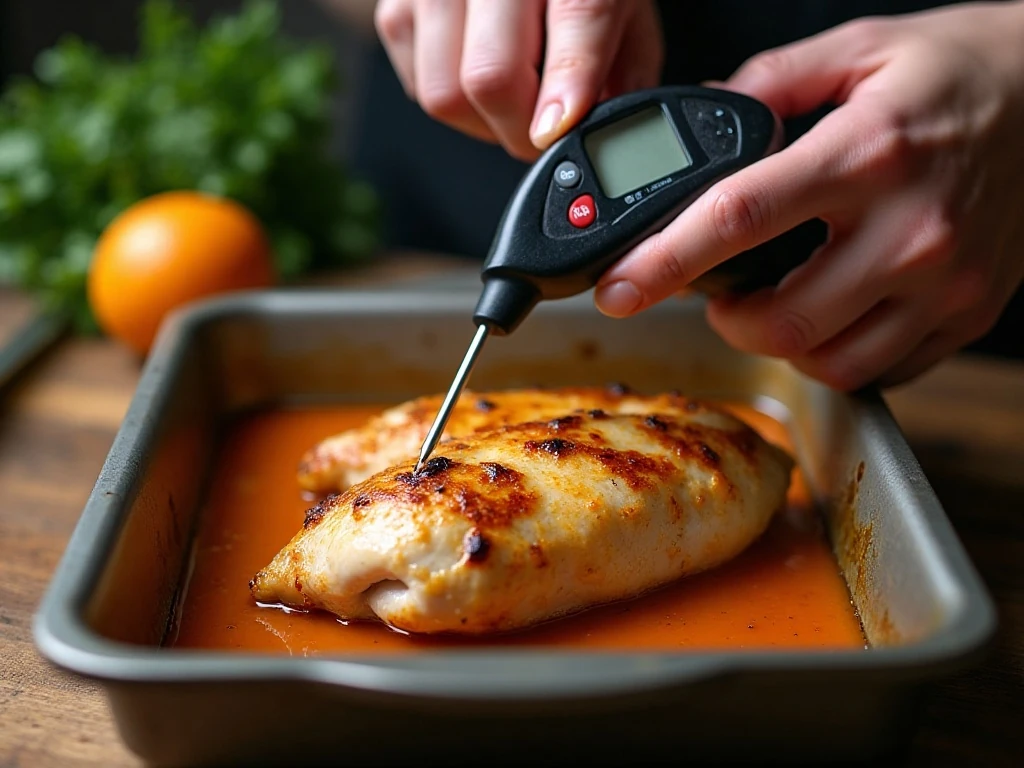 Checking baked chicken temperature with an instant-read thermometer