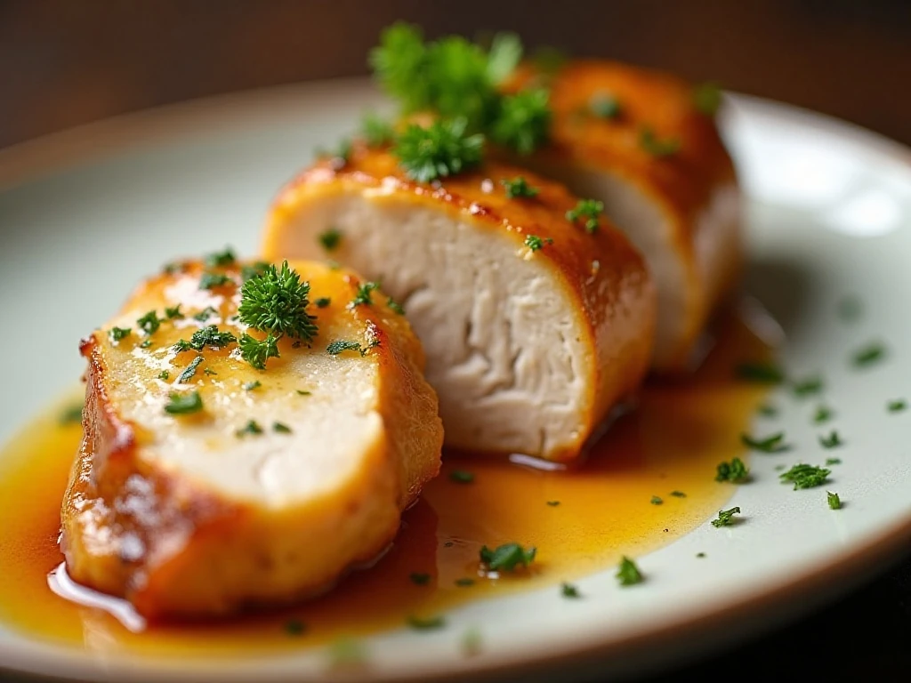 Sliced honey Dijon chicken with garlic sauce and parsley